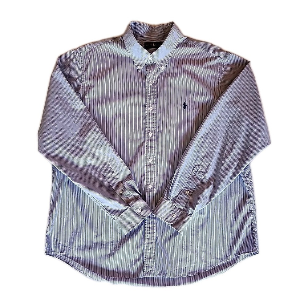 Ralph Lauren Mens Button Down Shirt 2XL XXL Cotton Blue Stripe Preppy Office